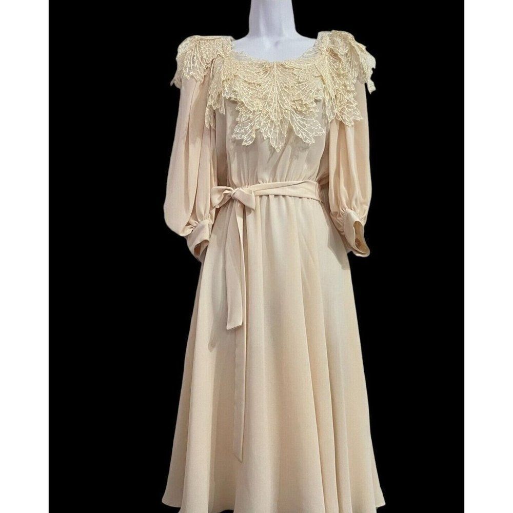 Vintage 80s Miss Ashlee Dress Womens Size Small Peach Chiffon Victorian Romantic